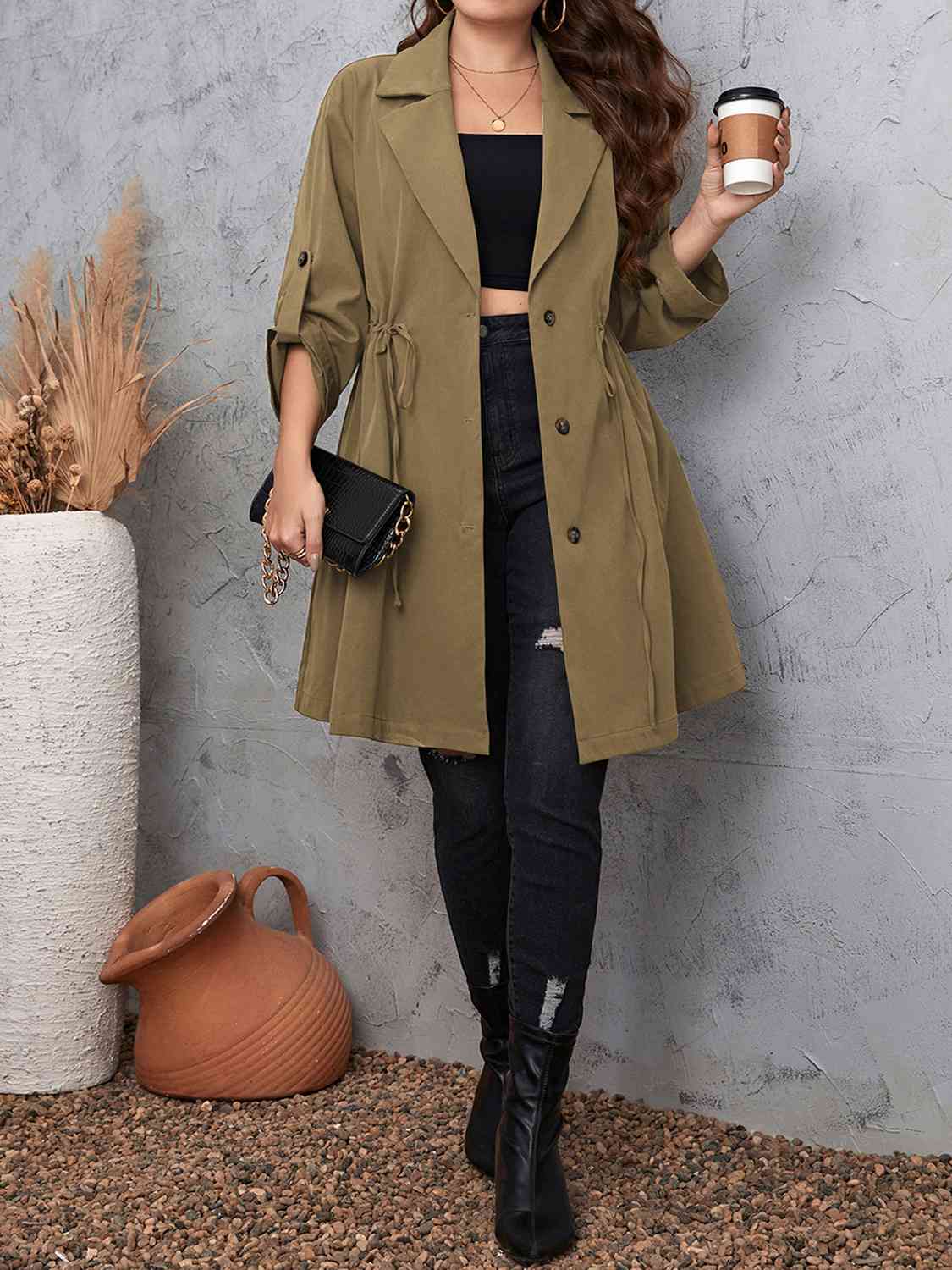 Plus Size Lapel Collar Drawstring Roll-Tab Sleeve Trench Coat BLUE ZONE PLANET