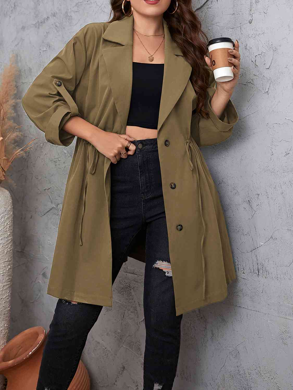 Plus Size Lapel Collar Drawstring Roll-Tab Sleeve Trench Coat BLUE ZONE PLANET