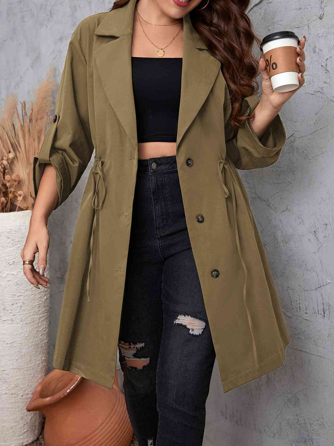 Plus Size Lapel Collar Drawstring Roll-Tab Sleeve Trench Coat BLUE ZONE PLANET