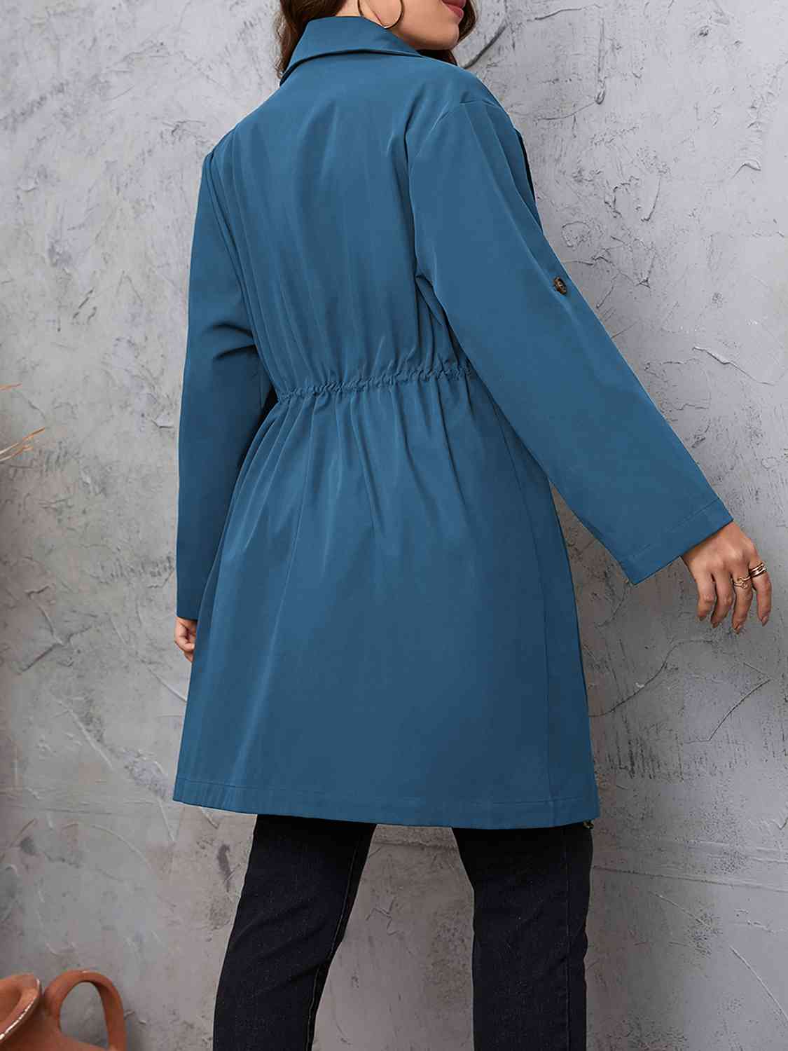 Plus Size Lapel Collar Drawstring Roll-Tab Sleeve Trench Coat BLUE ZONE PLANET