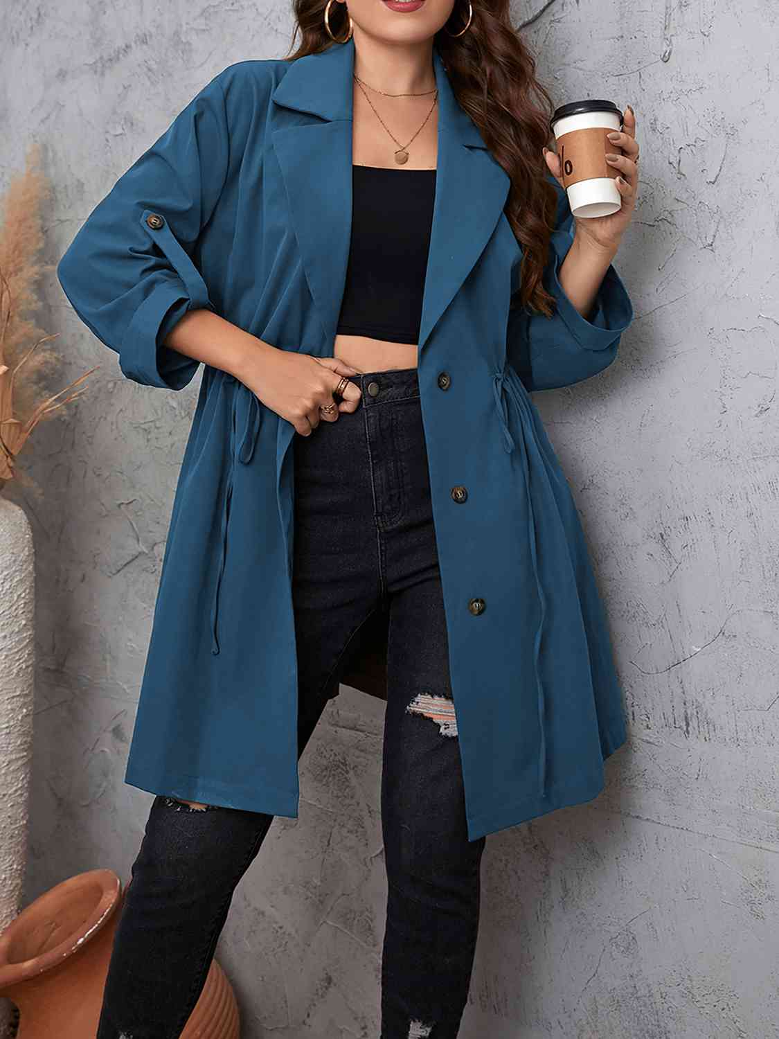 Plus Size Lapel Collar Drawstring Roll-Tab Sleeve Trench Coat BLUE ZONE PLANET