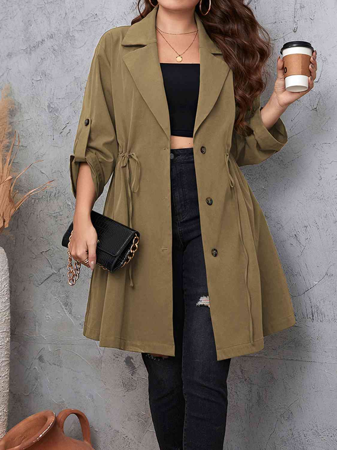 Plus Size Lapel Collar Drawstring Roll-Tab Sleeve Trench Coat BLUE ZONE PLANET