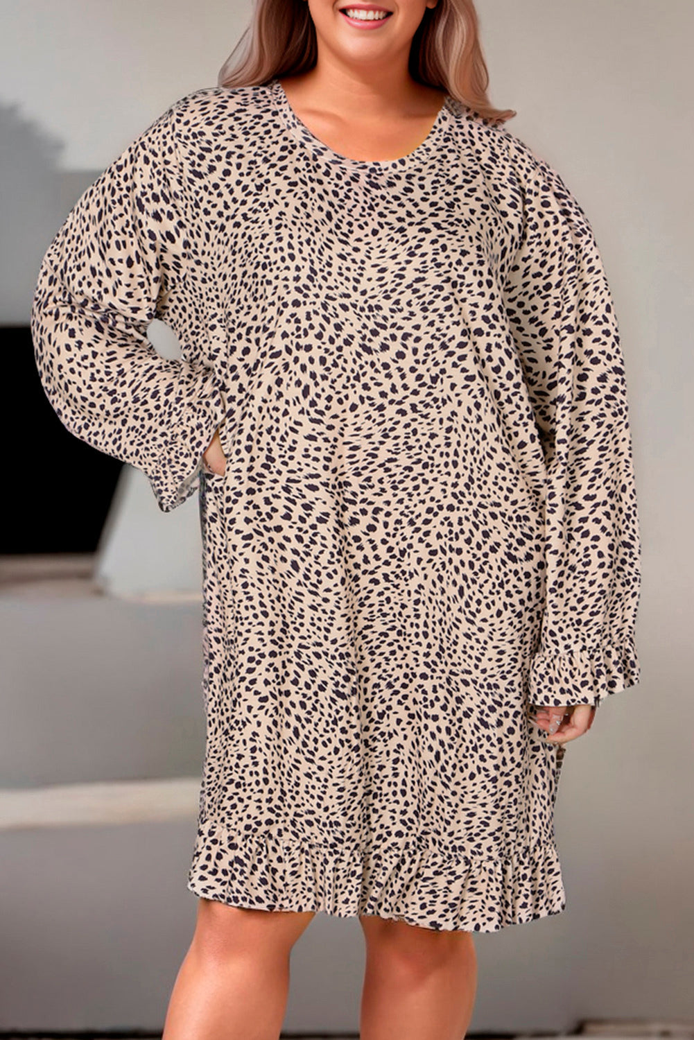 Plus Size Leopard Print Long Sleeve Mini Dress BLUE ZONE PLANET