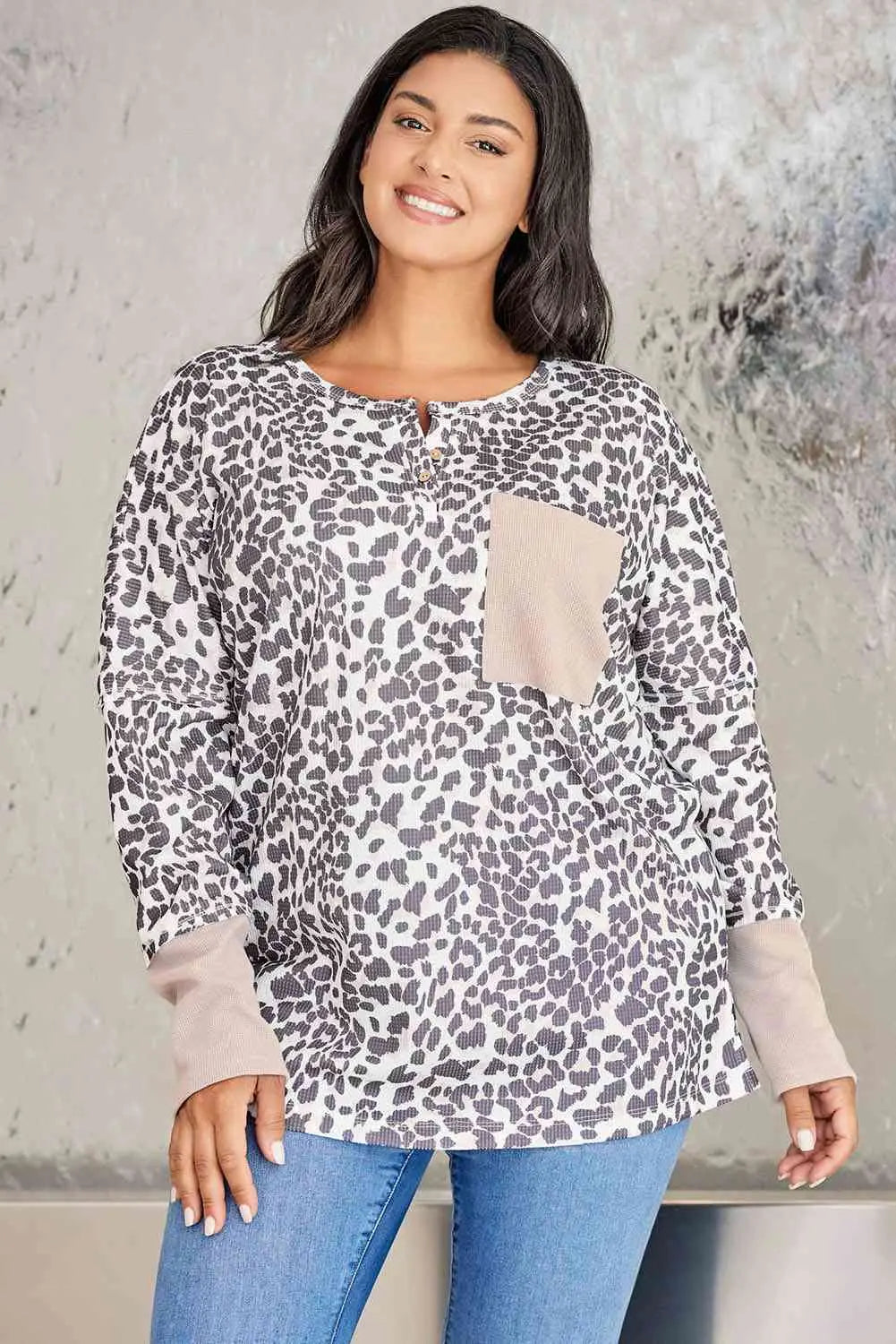Plus Size Leopard Print Long Sleeve Sweatshirt BLUE ZONE PLANET