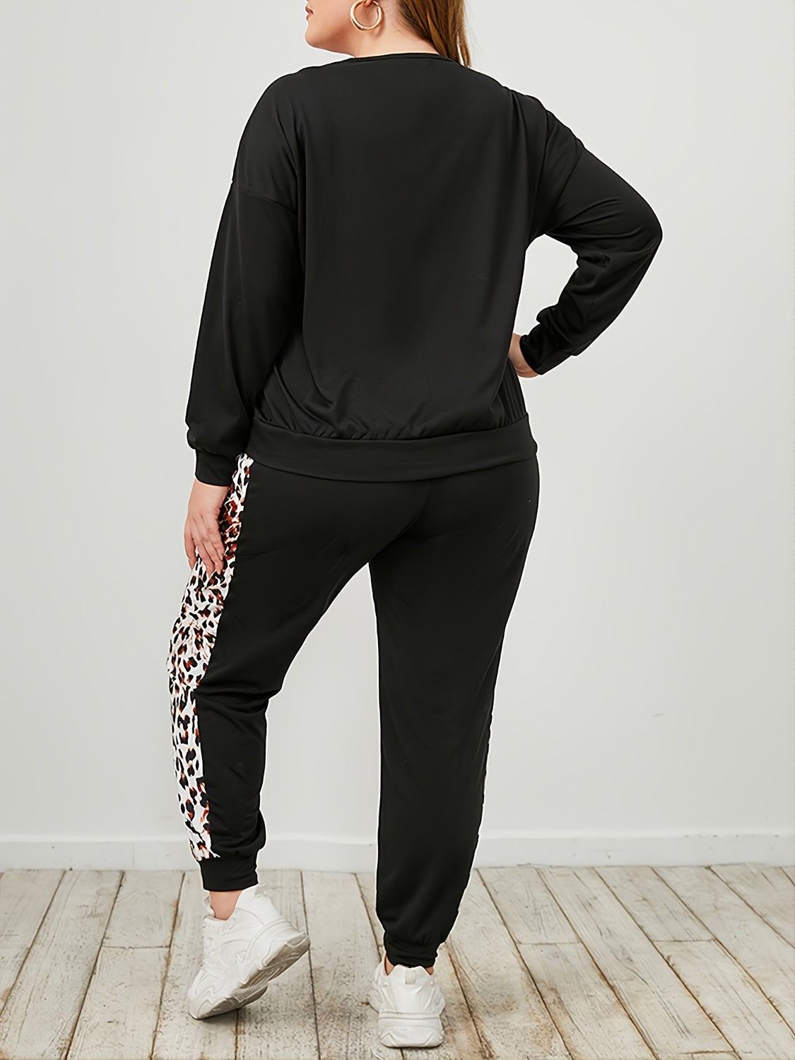 Plus Size Leopard Sweatshirt and Sweatpants Set BLUE ZONE PLANET