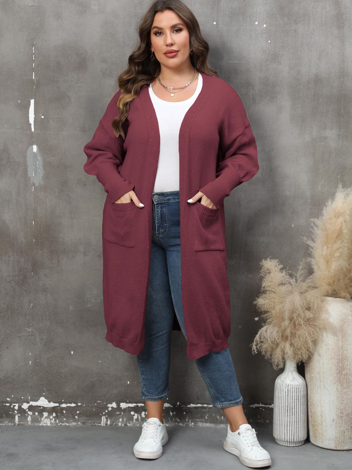 Plus Size Long Sleeve Pocketed Cardigan BLUE ZONE PLANET