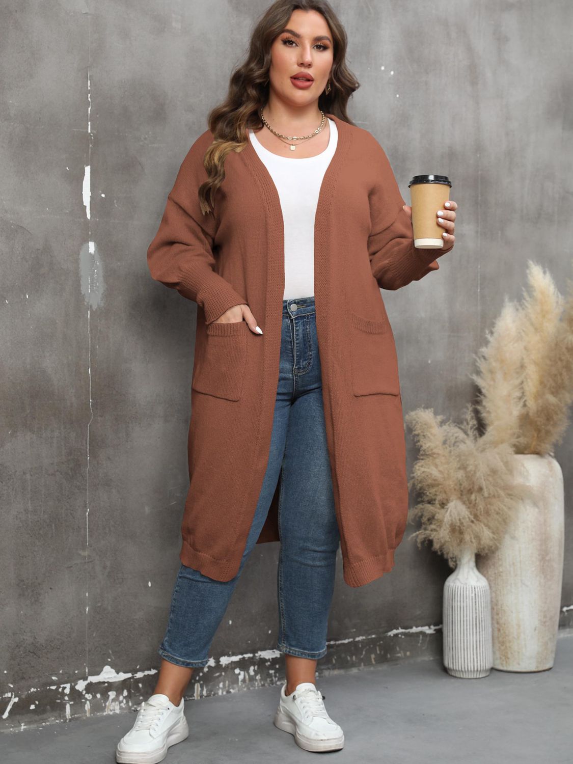 Plus Size Long Sleeve Pocketed Cardigan BLUE ZONE PLANET