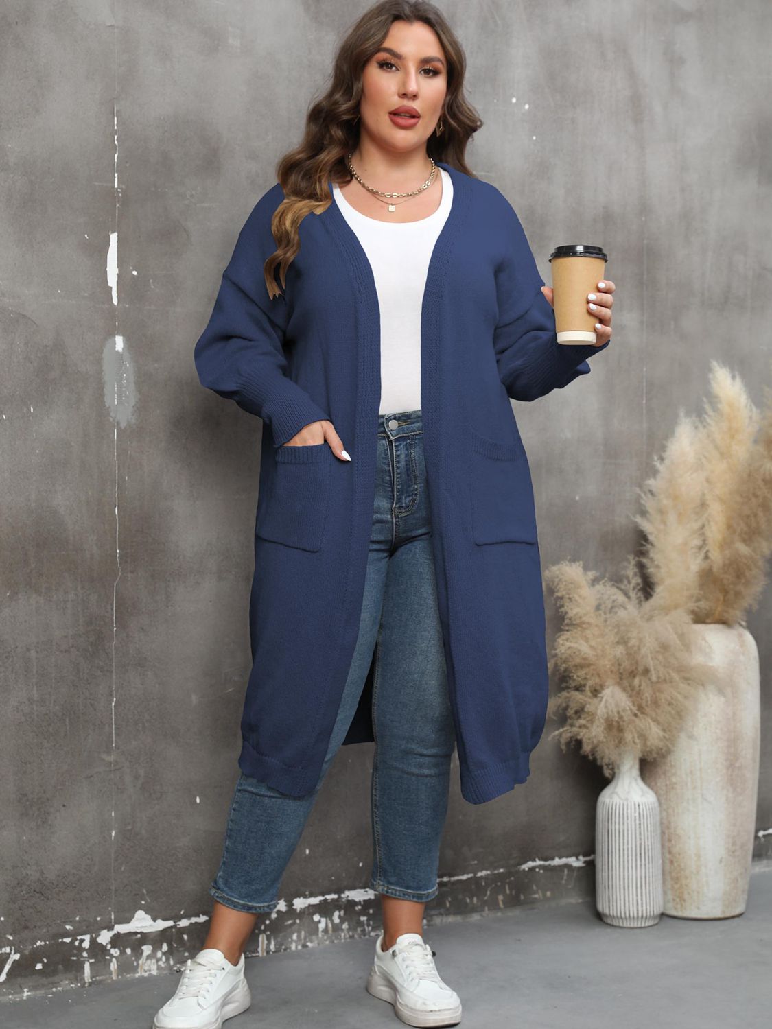 Plus Size Long Sleeve Pocketed Cardigan BLUE ZONE PLANET