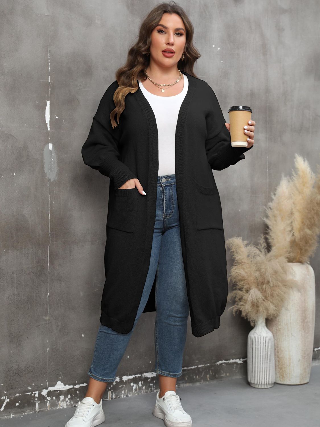 Plus Size Long Sleeve Pocketed Cardigan BLUE ZONE PLANET