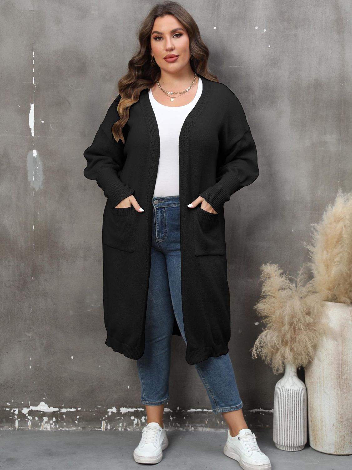 Plus Size Long Sleeve Pocketed Cardigan BLUE ZONE PLANET