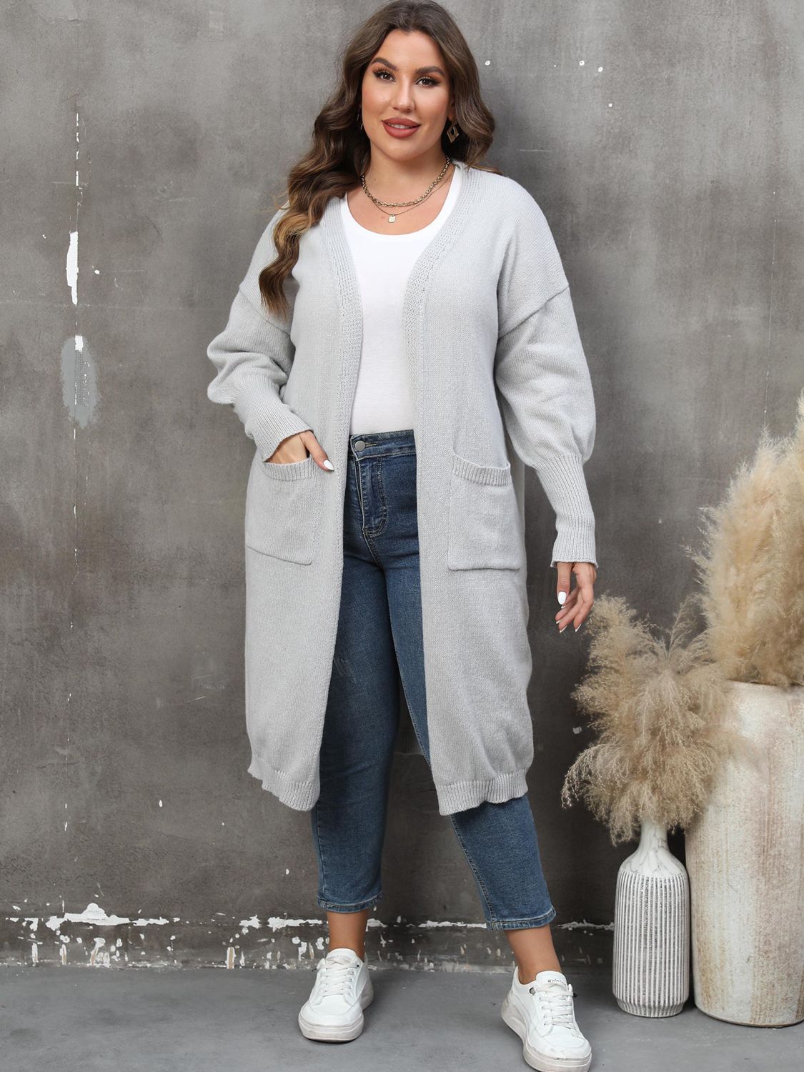 Plus Size Long Sleeve Pocketed Cardigan BLUE ZONE PLANET