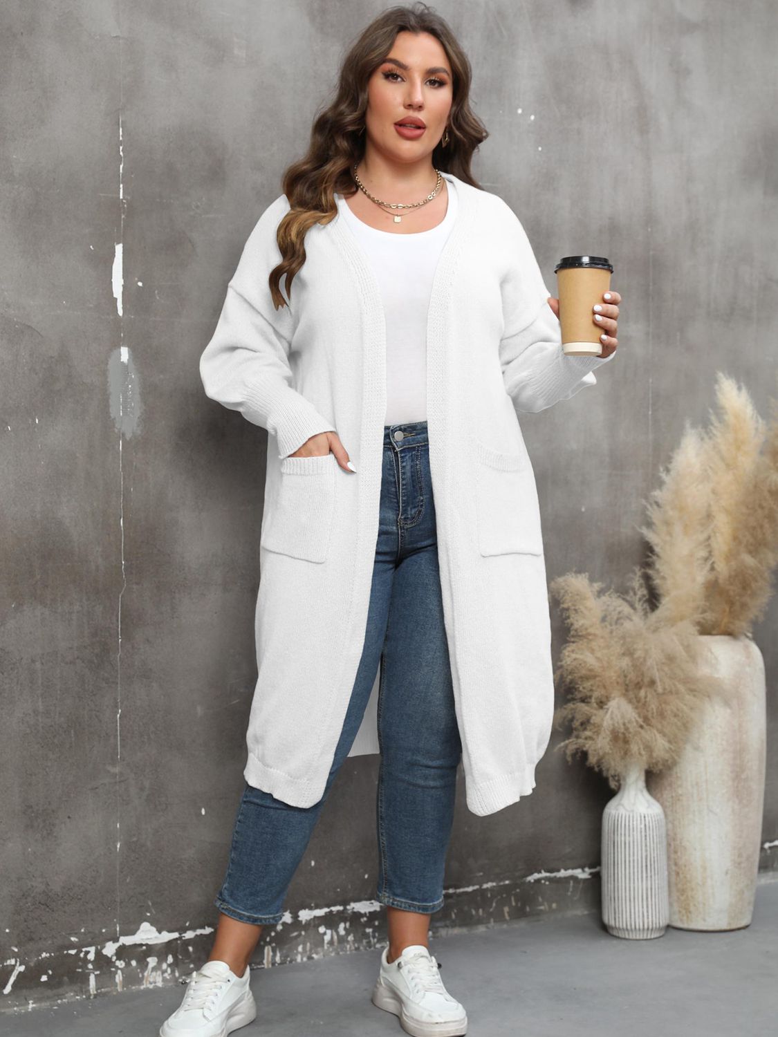 Plus Size Long Sleeve Pocketed Cardigan BLUE ZONE PLANET