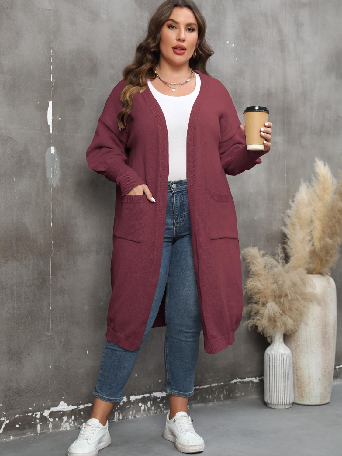Plus Size Long Sleeve Pocketed Cardigan BLUE ZONE PLANET