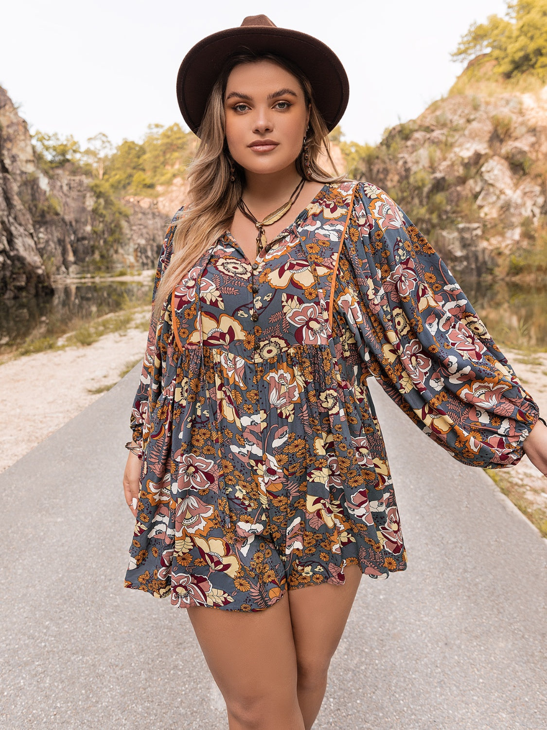 Plus Size Long Sleeve Romper BLUE ZONE PLANET