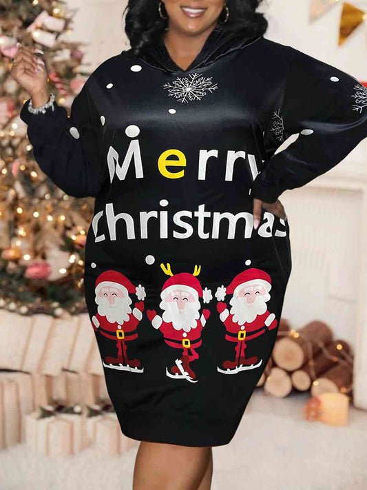 Plus Size MERRY CHRISTMAS Hooded Dress-TOPS / DRESSES-[Adult]-[Female]-Black-1XL-2022 Online Blue Zone Planet