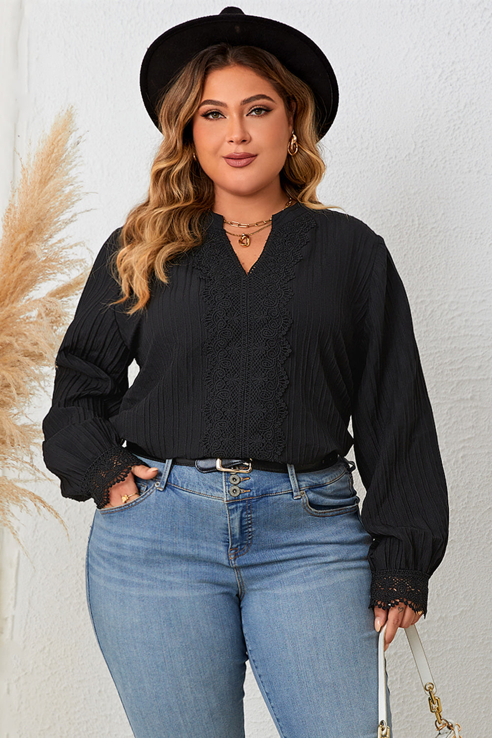 Plus Size Notched Neck Lace Detail Blouse BLUE ZONE PLANET