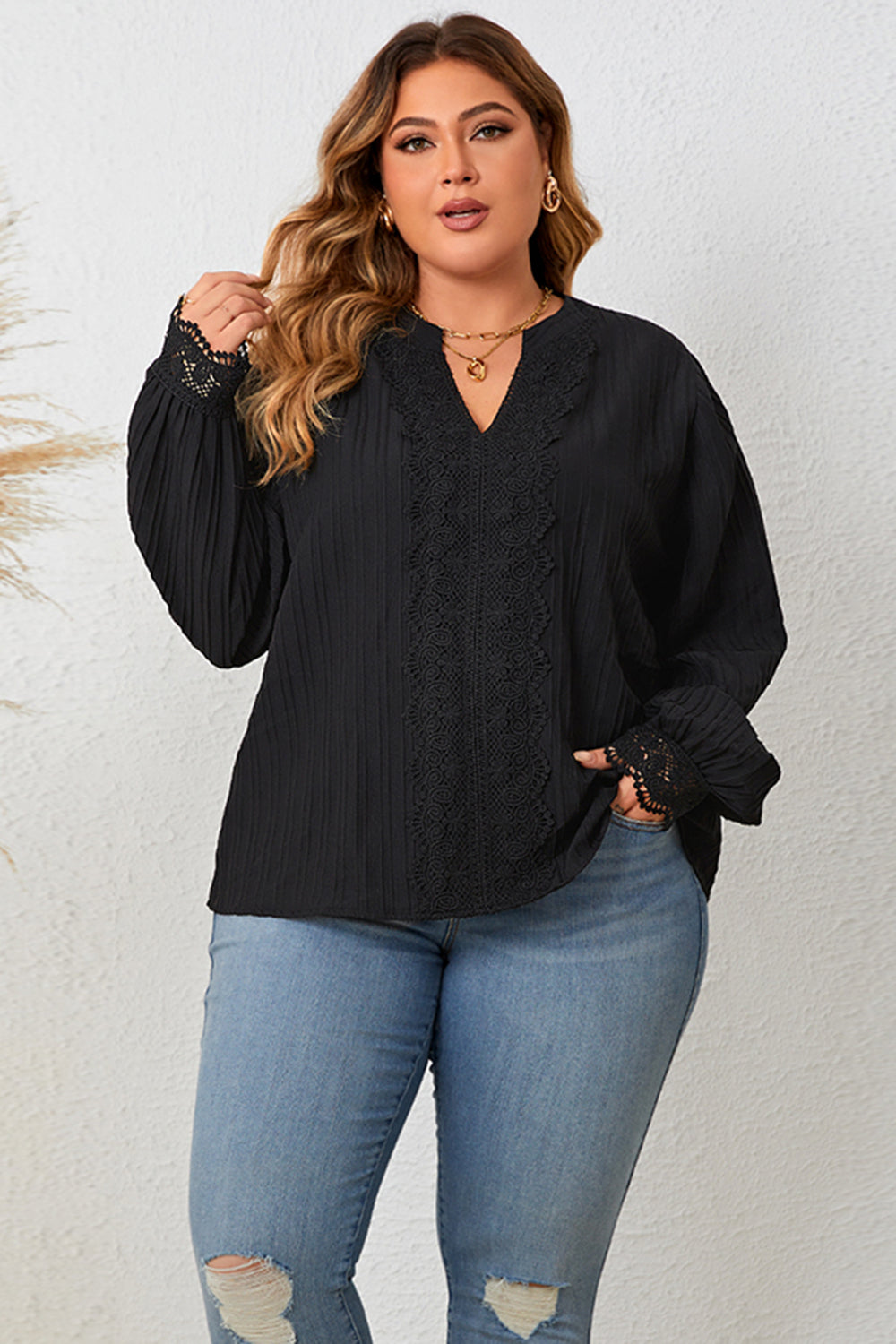 Plus Size Notched Neck Lace Detail Blouse BLUE ZONE PLANET