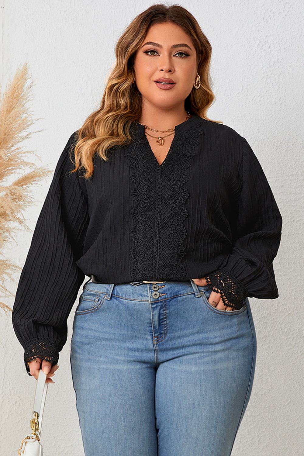 Plus Size Notched Neck Lace Detail Blouse BLUE ZONE PLANET