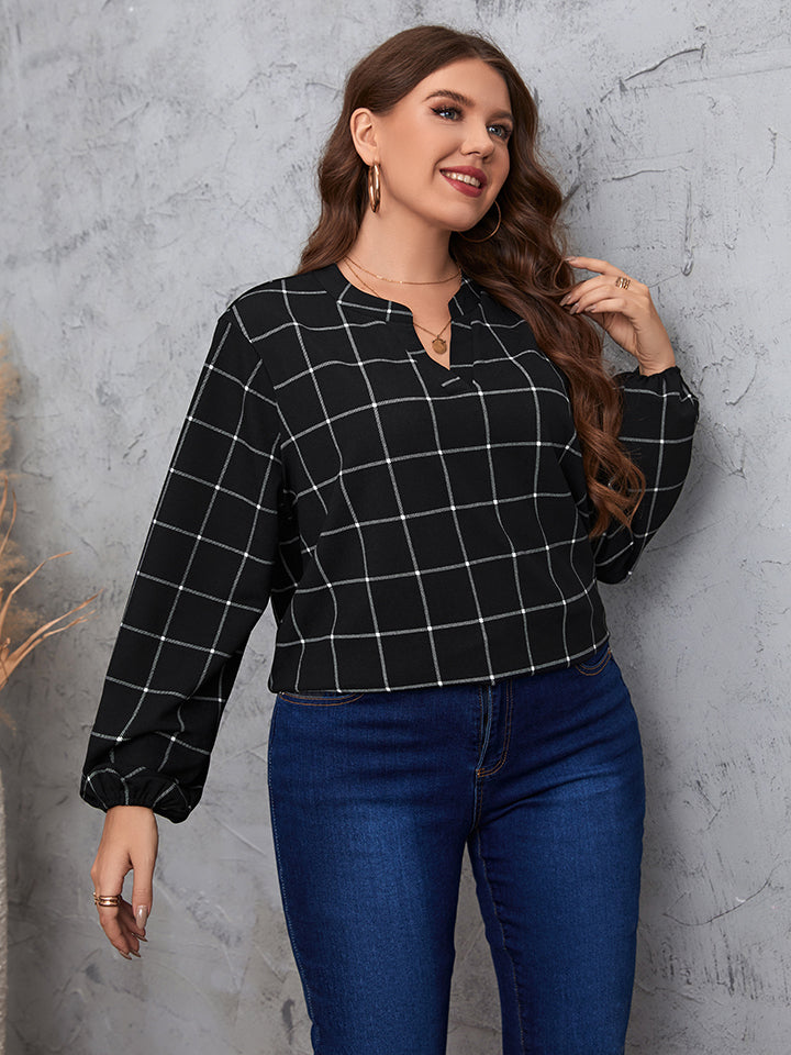 Plus Size Notched Neck Long Sleeve Blouse BLUE ZONE PLANET