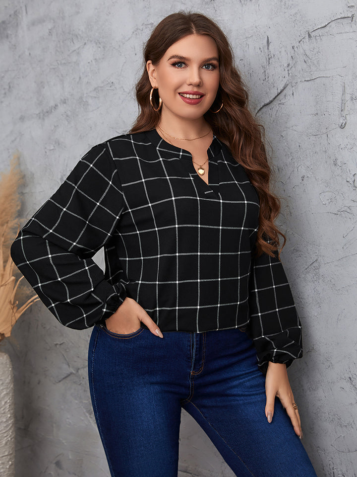 Plus Size Notched Neck Long Sleeve Blouse BLUE ZONE PLANET