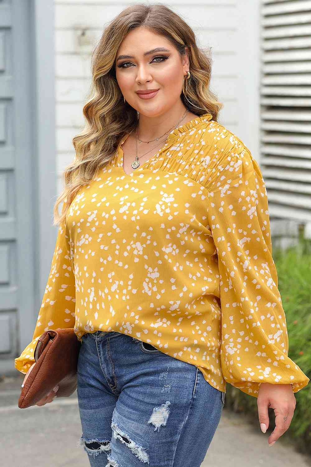 Plus Size Notched Neck Smocked Blouse BLUE ZONE PLANET