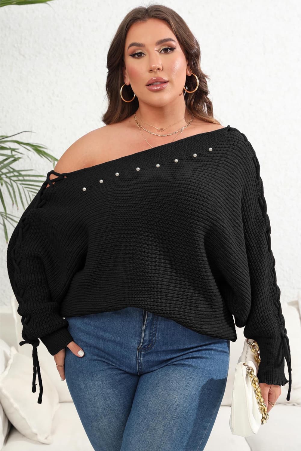 Plus Size One Shoulder Beaded Sweater BLUE ZONE PLANET