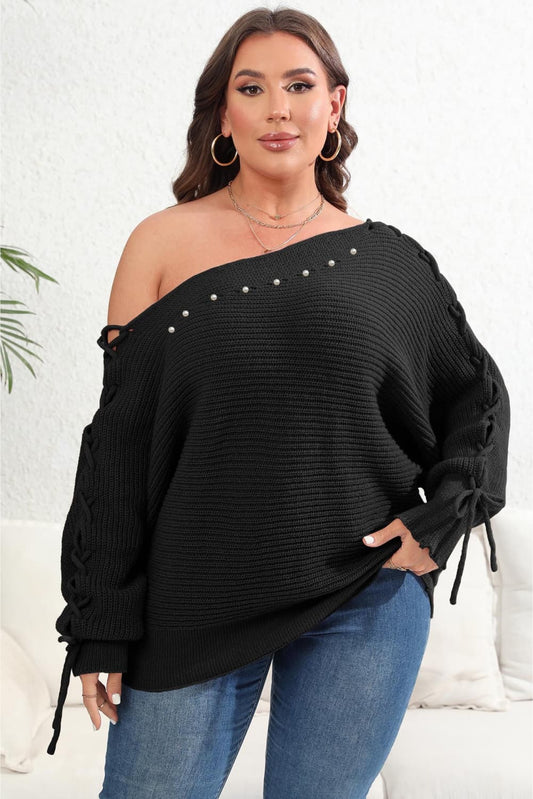Plus Size One Shoulder Beaded Sweater BLUE ZONE PLANET