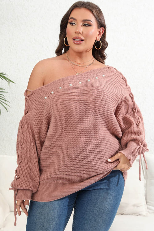 Plus Size One Shoulder Beaded Sweater BLUE ZONE PLANET