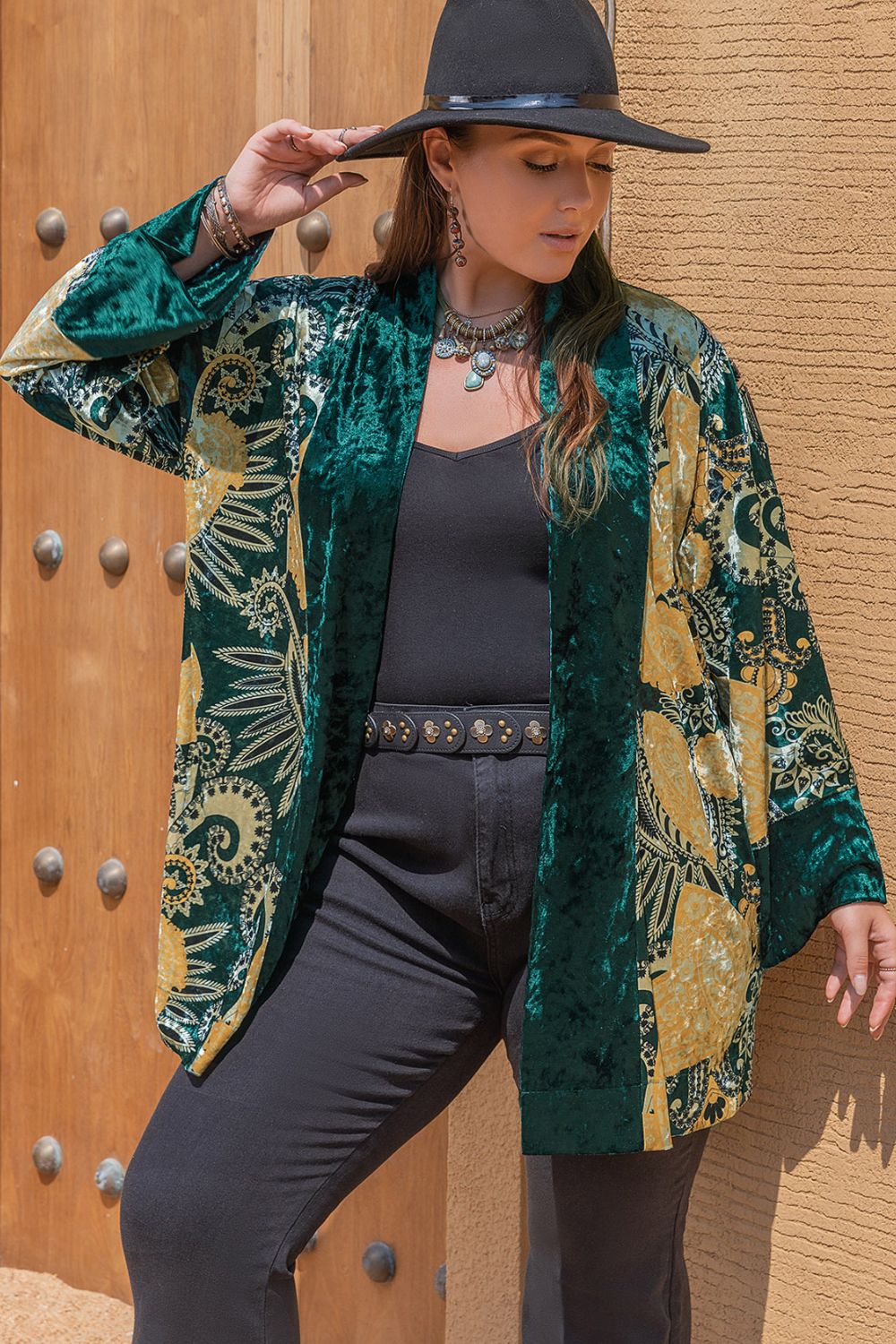 Plus Size Open Front Bohemian Style Long Sleeve Cardigan BLUE ZONE PLANET