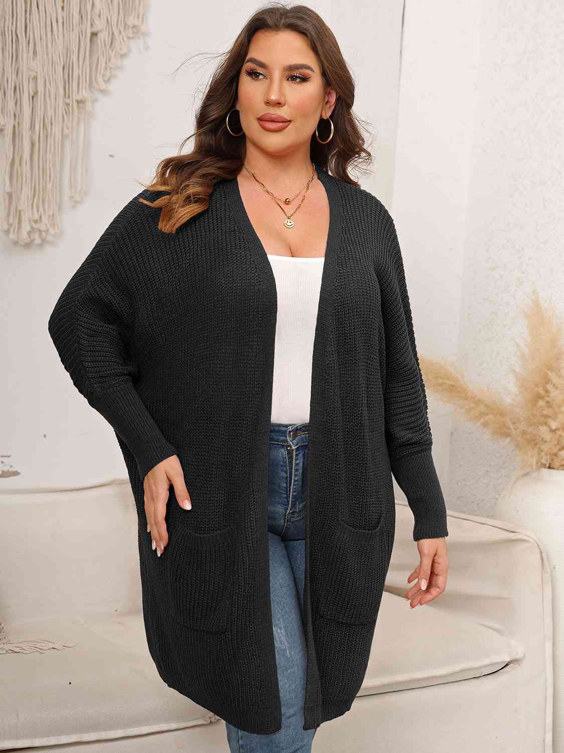 Plus Size Open Front Cardigan With Pockets BLUE ZONE PLANET