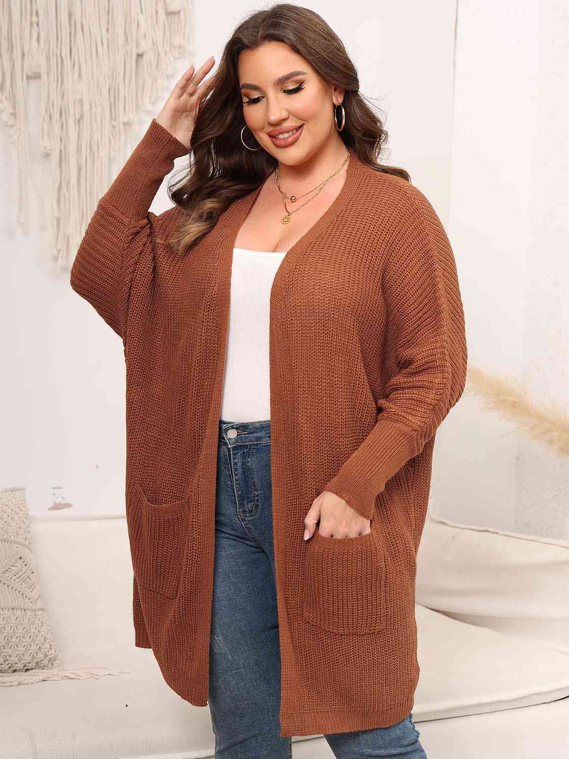 Plus Size Open Front Cardigan With Pockets BLUE ZONE PLANET