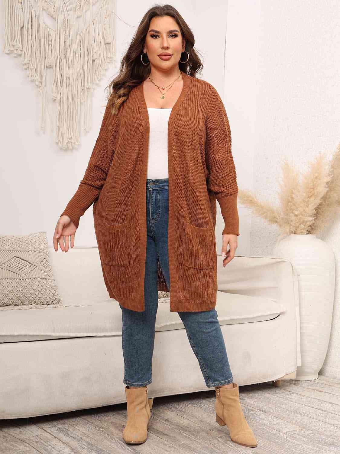 Plus Size Open Front Cardigan With Pockets BLUE ZONE PLANET