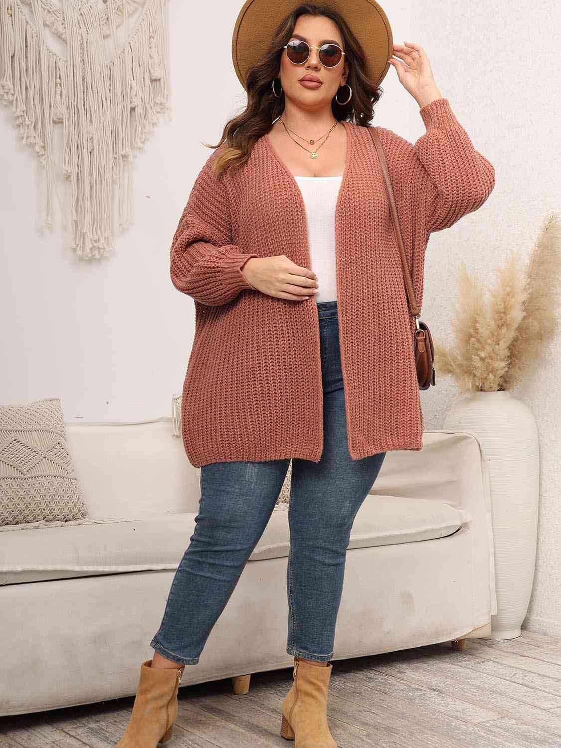 Plus Size Open Front Dropped Shoulder Knit Cardigan BLUE ZONE PLANET