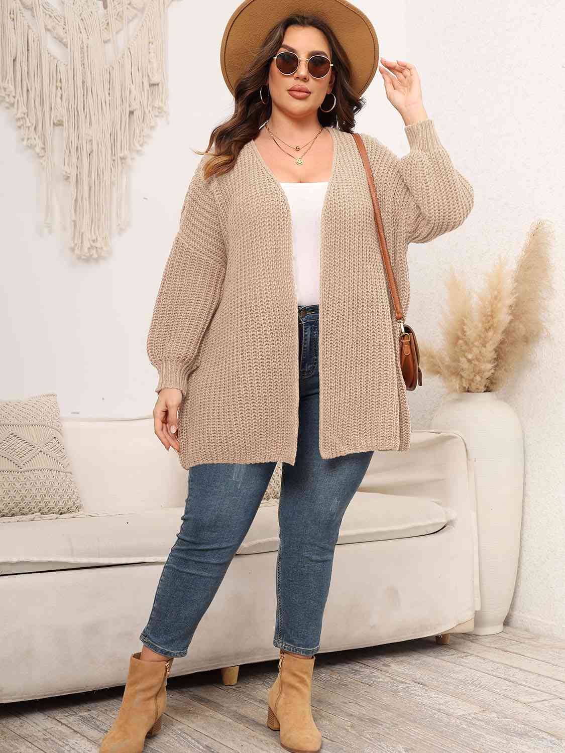 Plus Size Open Front Dropped Shoulder Knit Cardigan BLUE ZONE PLANET