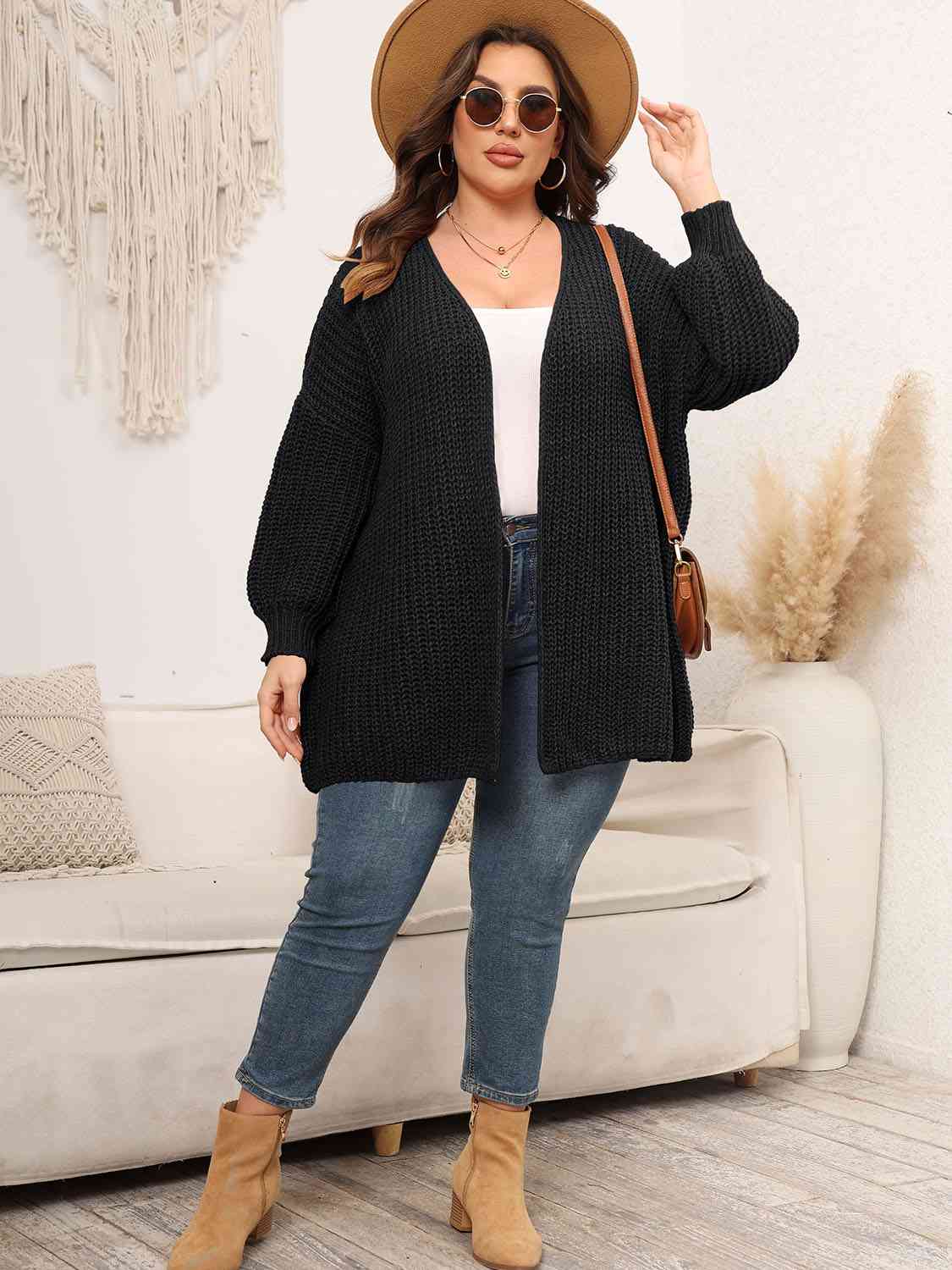 Plus Size Open Front Dropped Shoulder Knit Cardigan BLUE ZONE PLANET