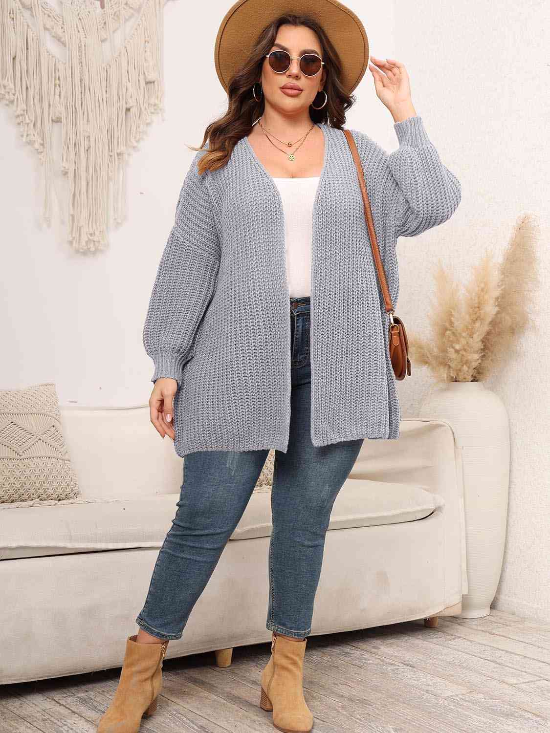 Plus Size Open Front Dropped Shoulder Knit Cardigan BLUE ZONE PLANET