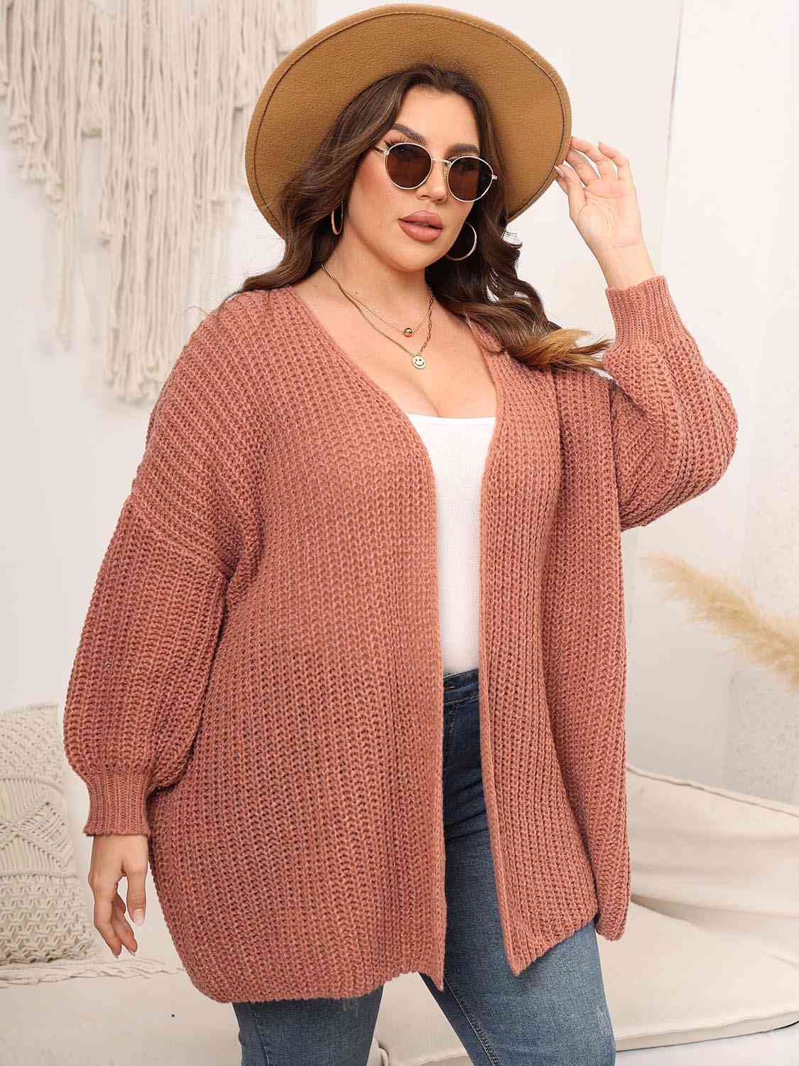 Plus Size Open Front Dropped Shoulder Knit Cardigan BLUE ZONE PLANET