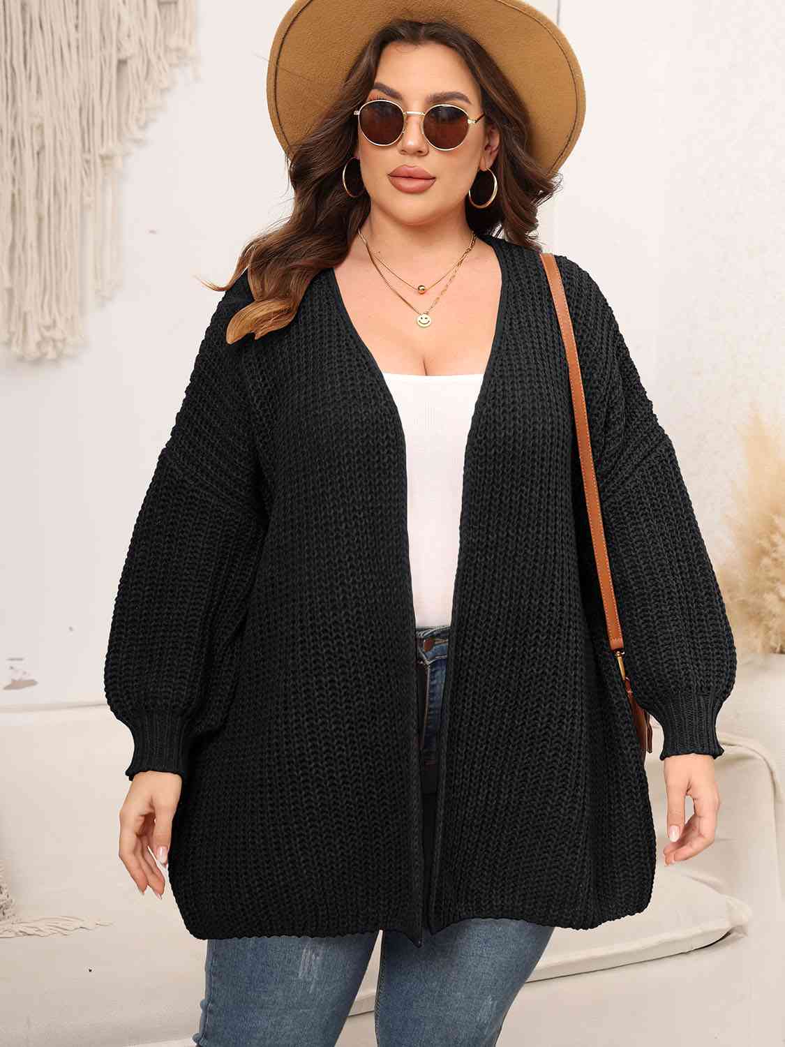 Plus Size Open Front Dropped Shoulder Knit Cardigan BLUE ZONE PLANET