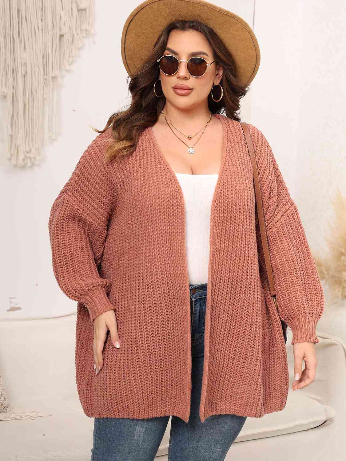 Plus Size Open Front Dropped Shoulder Knit Cardigan BLUE ZONE PLANET