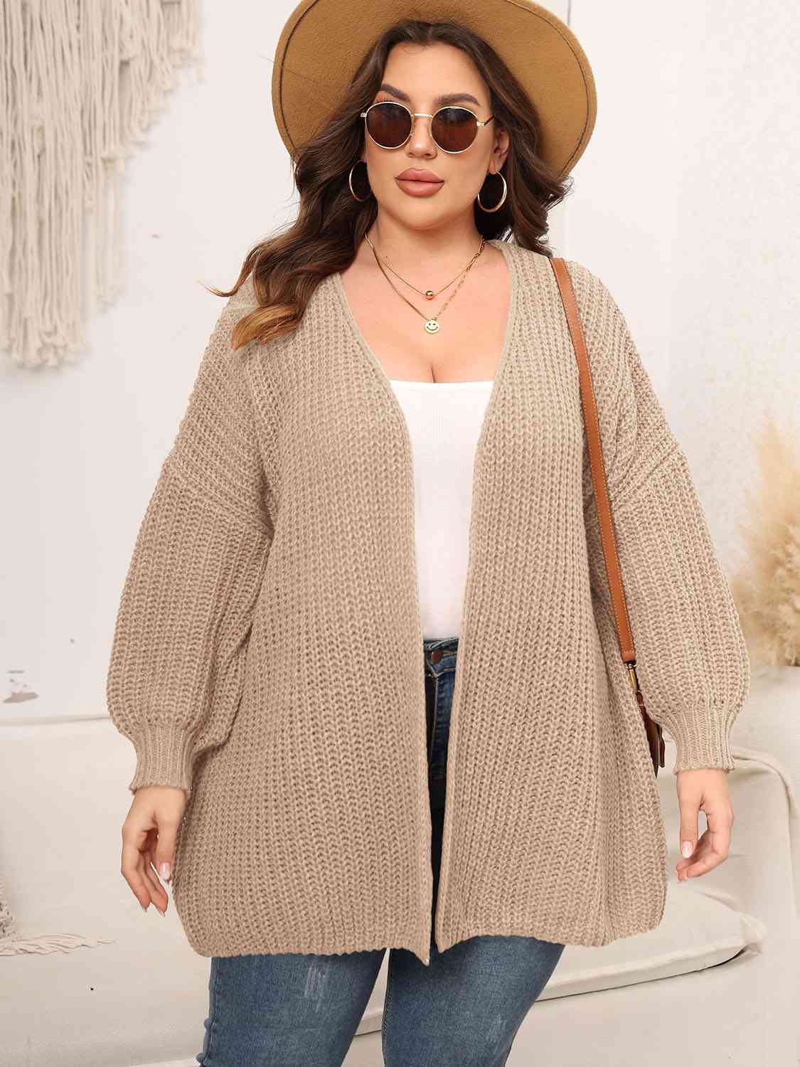 Plus Size Open Front Dropped Shoulder Knit Cardigan BLUE ZONE PLANET