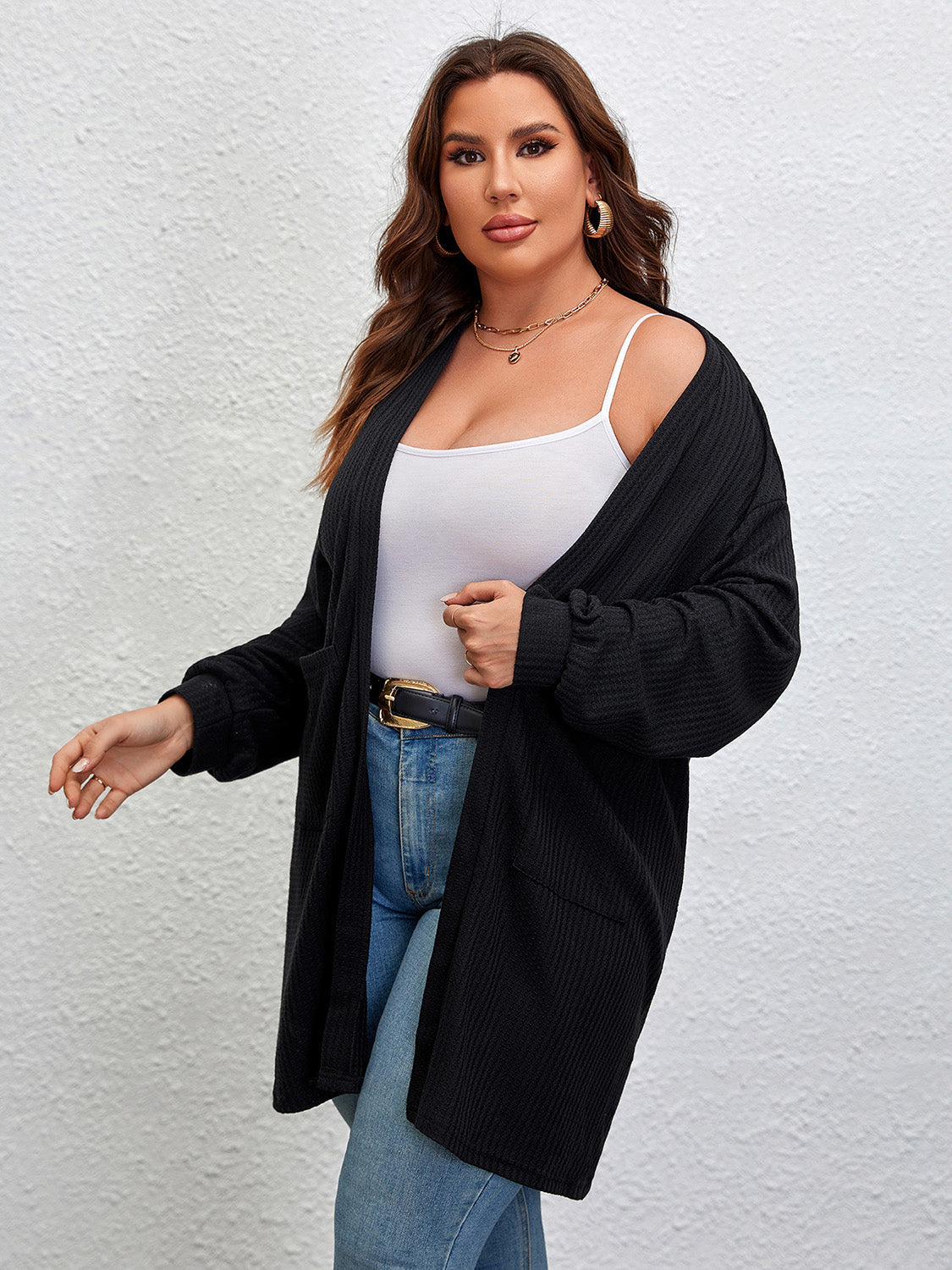 Plus Size Open Front Long Sleeve Cardigan BLUE ZONE PLANET