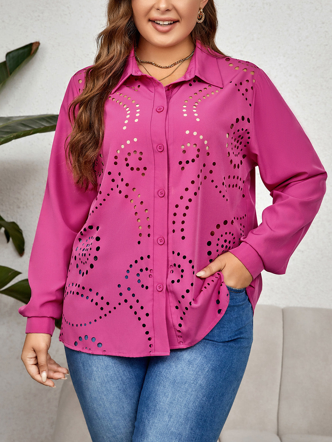 Plus Size Openwork Collared Neck Long Sleeve Shirt BLUE ZONE PLANET