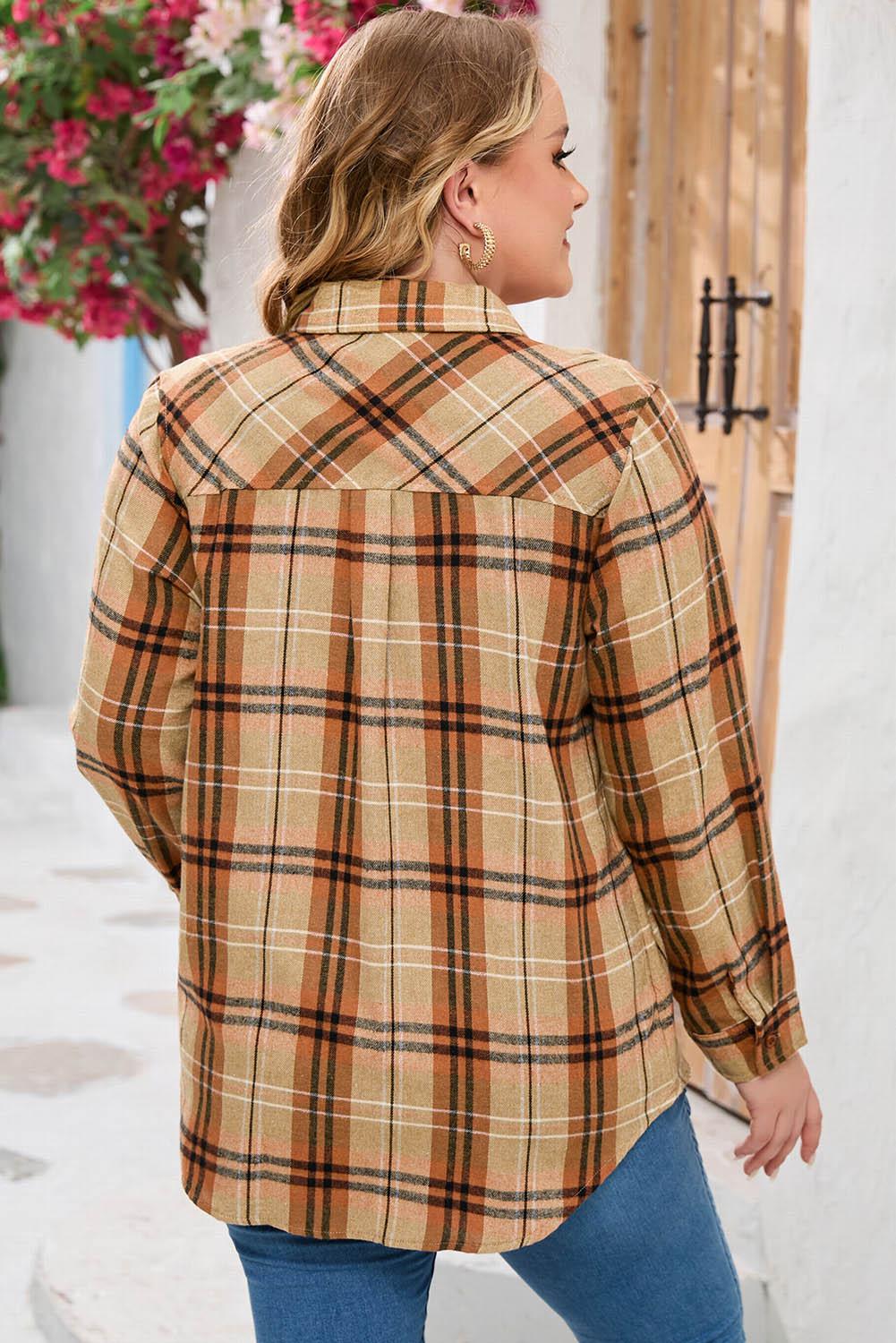 Plus Size Plaid Collared Neck Long Sleeve Shirt BLUE ZONE PLANET
