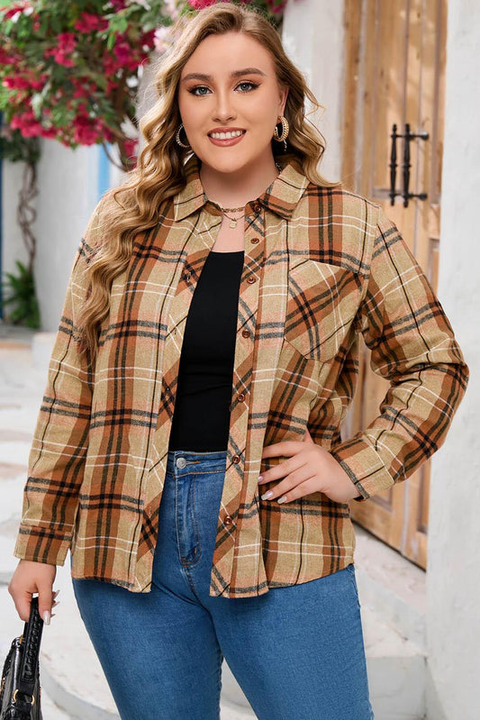 Plus Size Plaid Collared Neck Long Sleeve Shirt BLUE ZONE PLANET