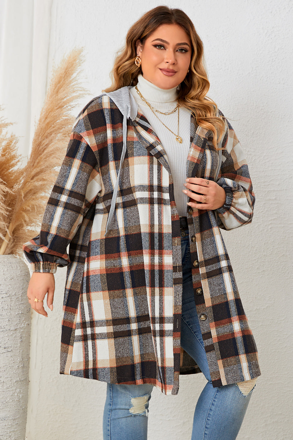 Plus Size Plaid Drop Shoulder Hooded Coat BLUE ZONE PLANET