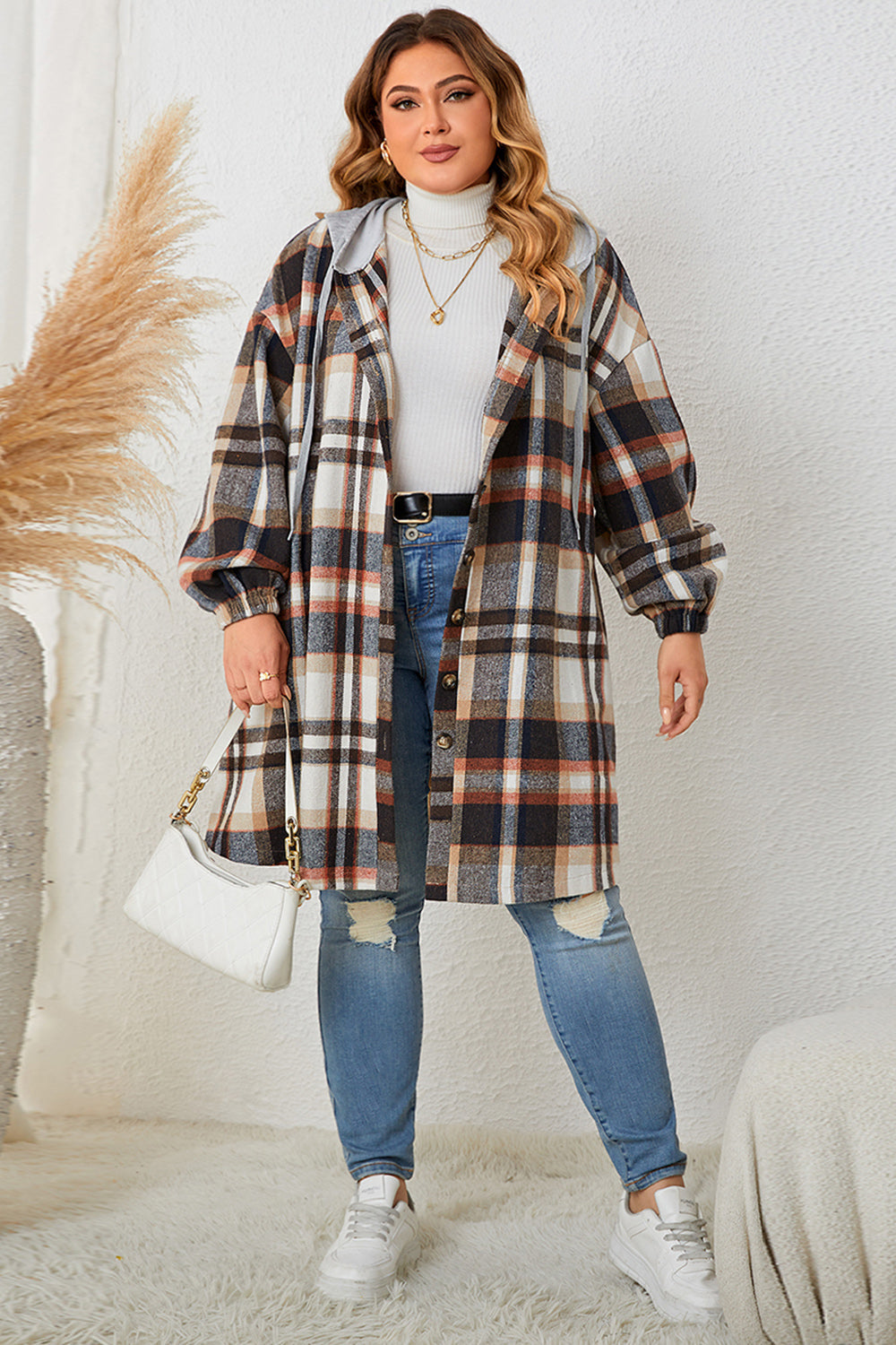 Plus Size Plaid Drop Shoulder Hooded Coat BLUE ZONE PLANET