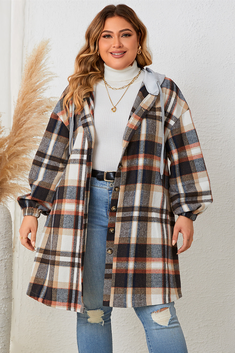 Plus Size Plaid Drop Shoulder Hooded Coat BLUE ZONE PLANET