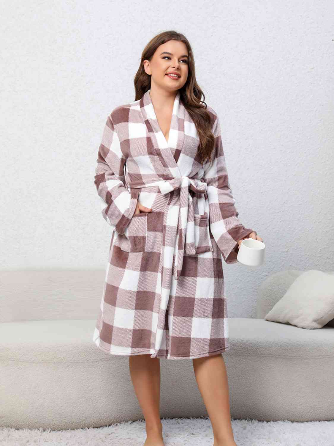 Plus Size Plaid Tie Front Robe with Pockets BLUE ZONE PLANET