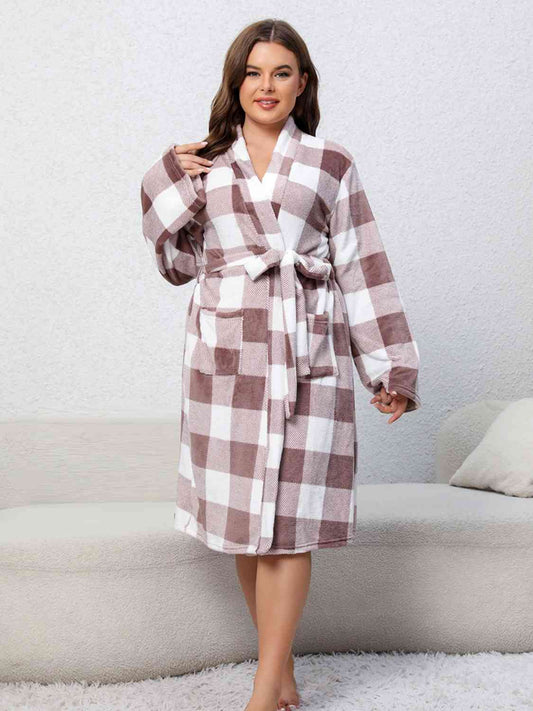 Plus Size Plaid Tie Front Robe with Pockets BLUE ZONE PLANET