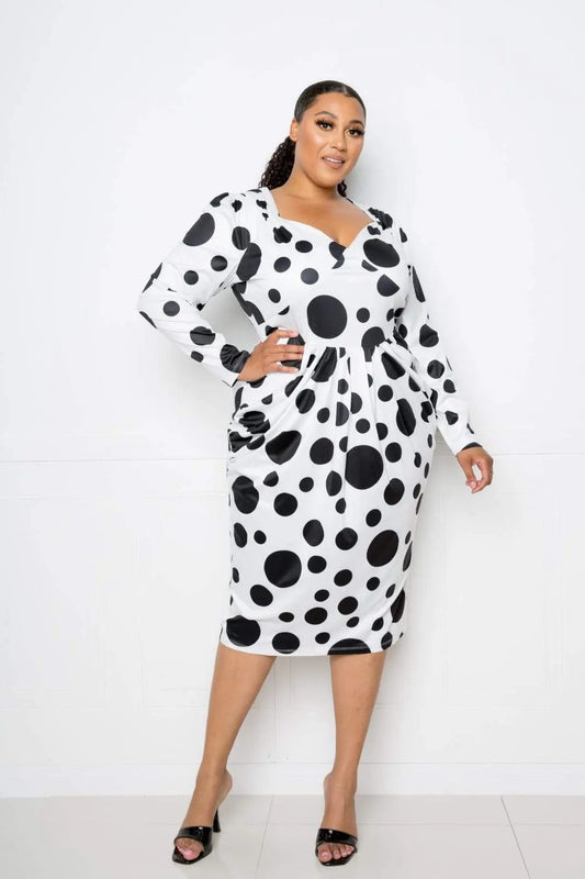 Plus Size Polka Dot Drop Waist Ruched Midi Dress Blue Zone Planet